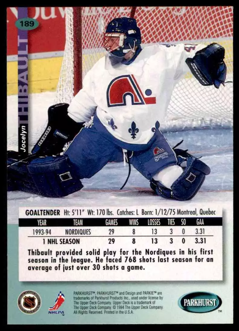 1994-95 UD Parkhurst # 189 Jocelyn Thribault 1