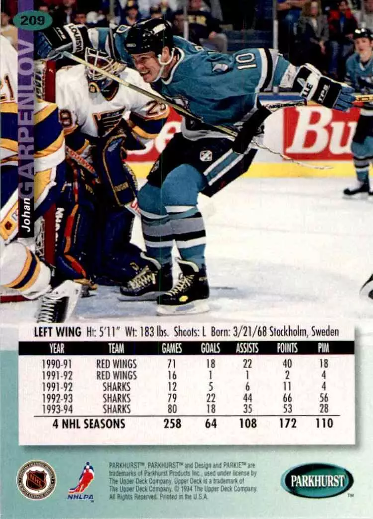 1994-95 UD Parkhurst # 209 Johan Garpenlov 1