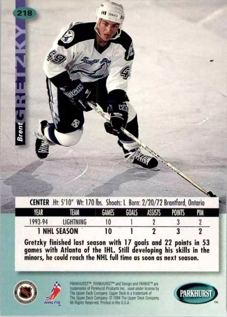 1994-95 UD Parkhurst # 218 Brent Gretzky 1
