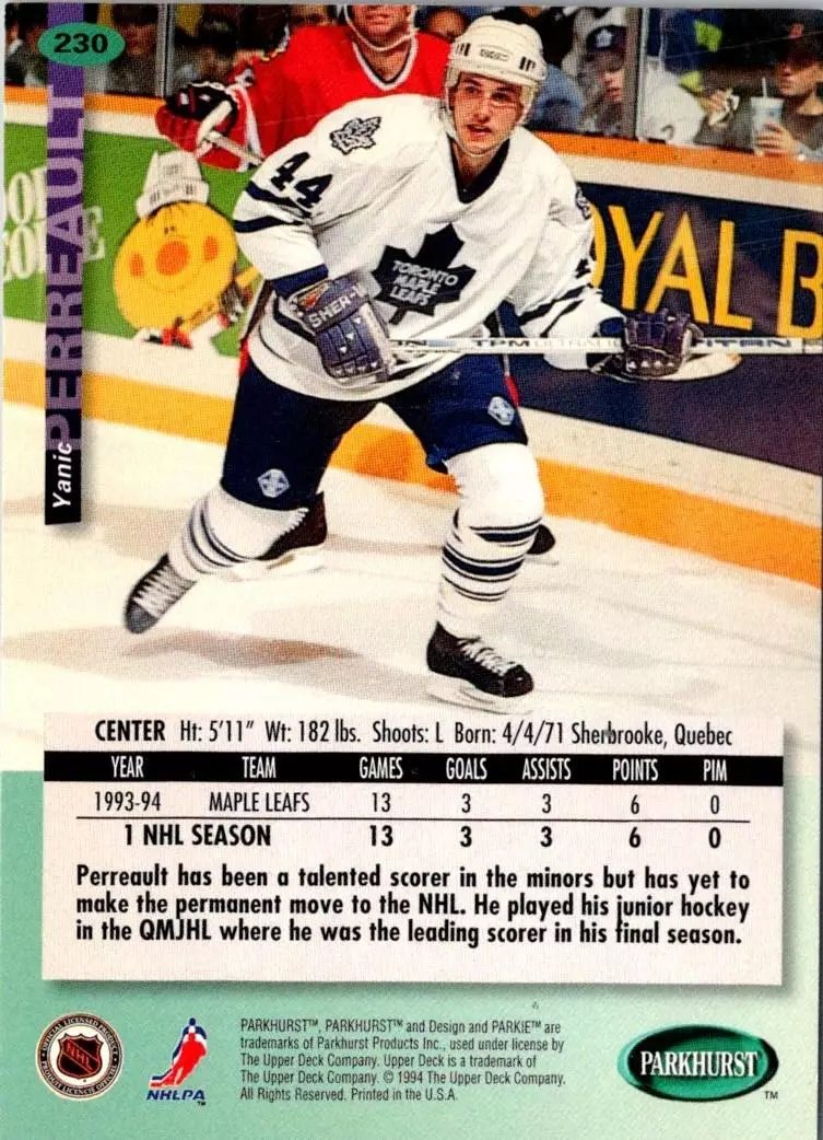 1994-95 UD Parkhurst # 230 Yanik Perreault 1
