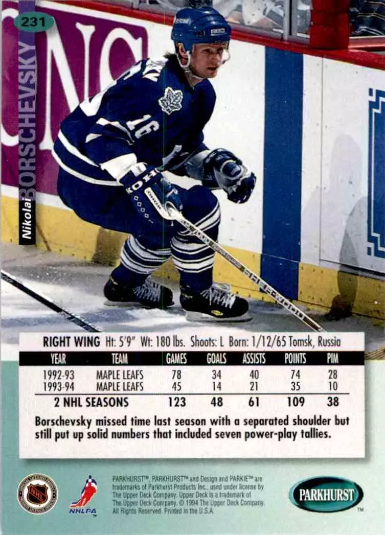 1994-95 UD Parkhurst # 231 Nikolai Borschevsky 1