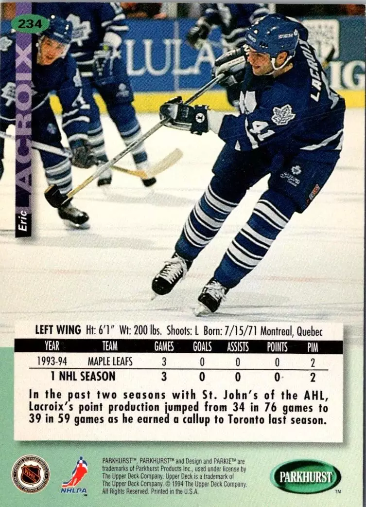 1994-95 UD Parkhurst # 234 Eric Lacroix 1