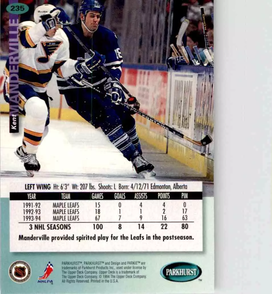 1994-95 UD Parkhurst # 235 Kent Manderville 1