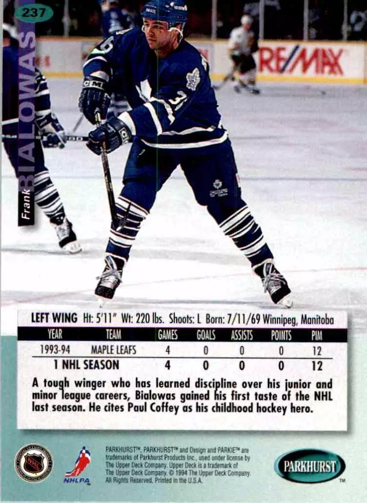 1994-95 UD Parkhurst # 237 Frank Blalowas 1