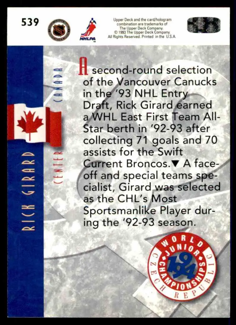 Хоккей Карточка 1993-94 Upper Deck Hockey Series 2 № 539 1