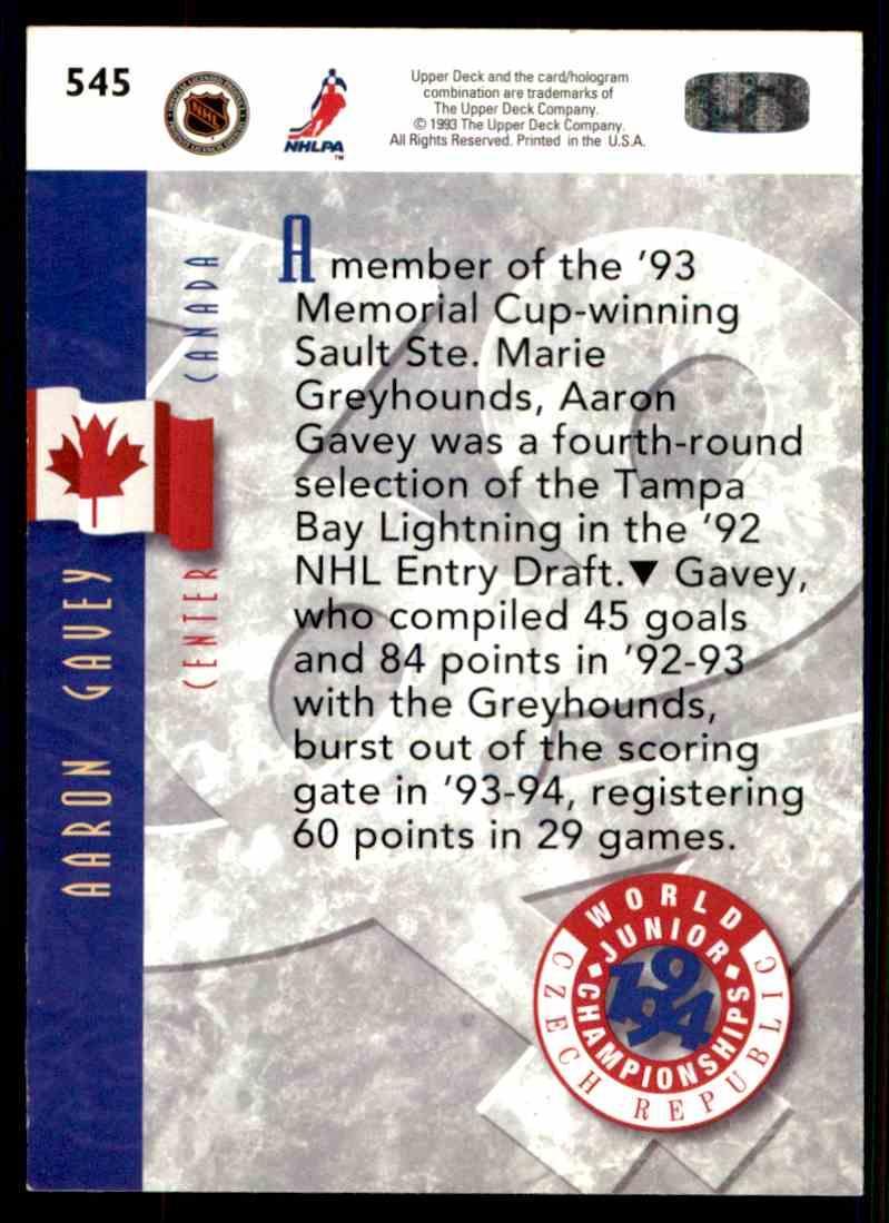 Хоккей Карточка 1993-94 Upper Deck Hockey Series 2 WJC RC № 545 Aaron Gavey 1