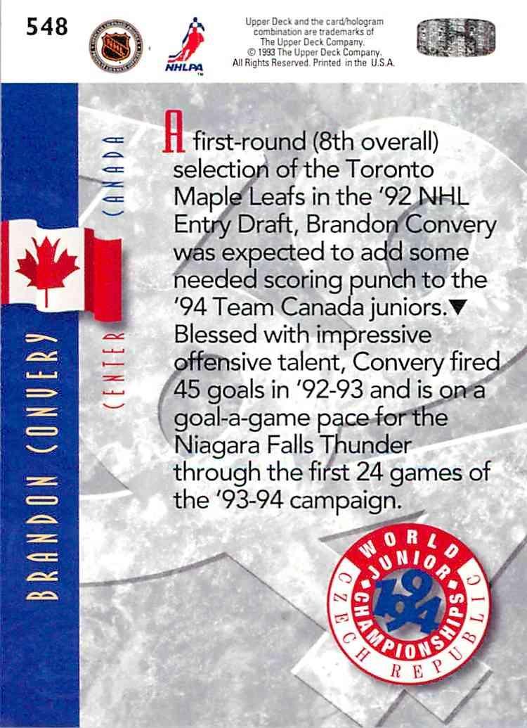 Хоккей Карточка 1993-94 Upper Deck Hockey Series 2 WJC RC № 548 Brandon Convery 1