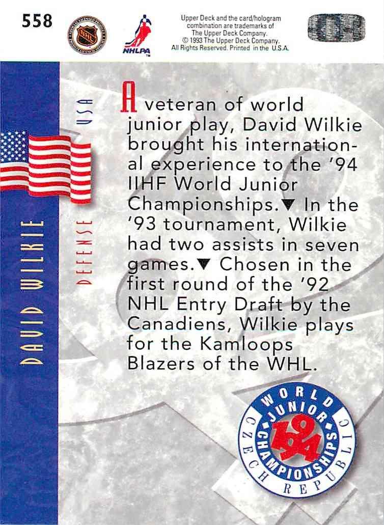 Хоккей Карточка 1993-94 Upper Deck Hockey Series 2 RC № 558 David Wilkie 1