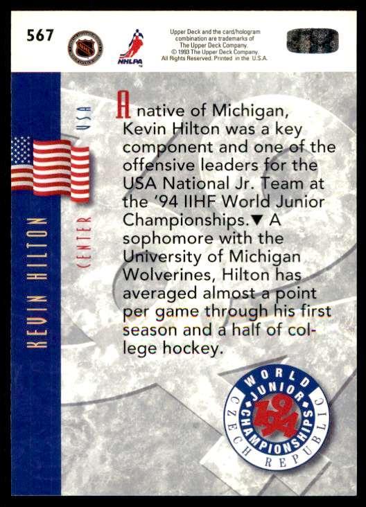 Хоккей Карточка 1993-94 Upper Deck Hockey Series 2 WJC RC № 567 Kevin Hilton 1