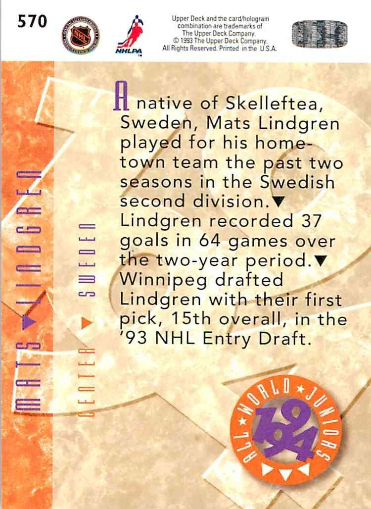 Хоккей Карточка 1993-94 Upper Deck Hockey Series 2 RC № 570 Mats Lindgren 1