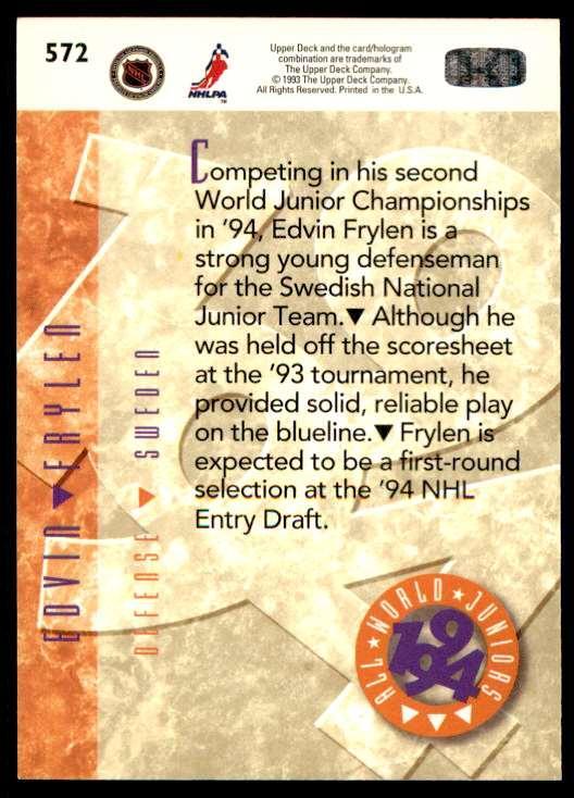 Хоккей Карточка 1993-94 Upper Deck Hockey Series 2 RC № 572 Edvin Frylen 1
