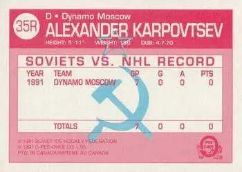 Хоккей Карточка NHL 1991-92 O-Pee-Chee Hockey № 35R Alexander Karpovtsev 1