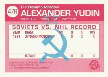 Хоккей Карточка NHL 1991-92 O-Pee-Chee Hockey № 47R Alexander Yudin 1