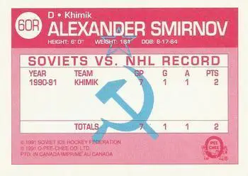 Хоккей Карточка NHL 1991-92 O-Pee-Chee Hockey № 60R Alexander Smirnov 1