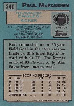 Американский футбол 1988 topps #240 Paul McFadden - Philadelphia Eagles 1