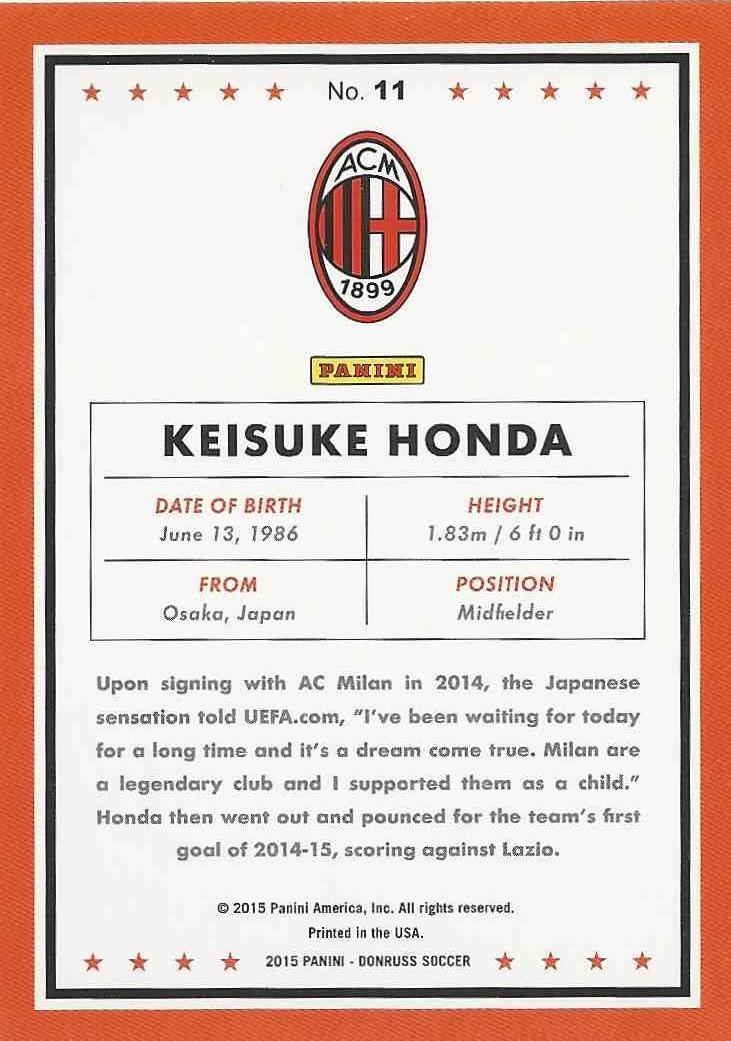футбол,карточка 2015 Donruss № 11 Keisuke Honda 1