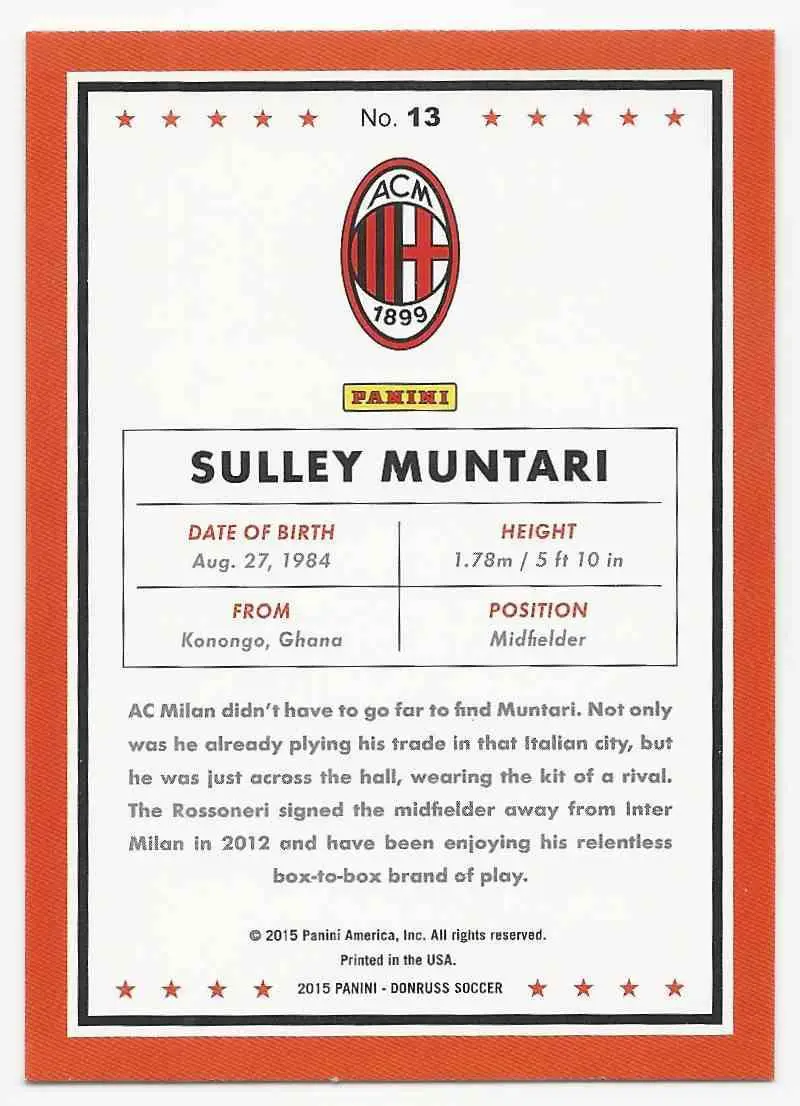 футбол,карточка 2015 Donruss № 13 Sulley Muntari 1