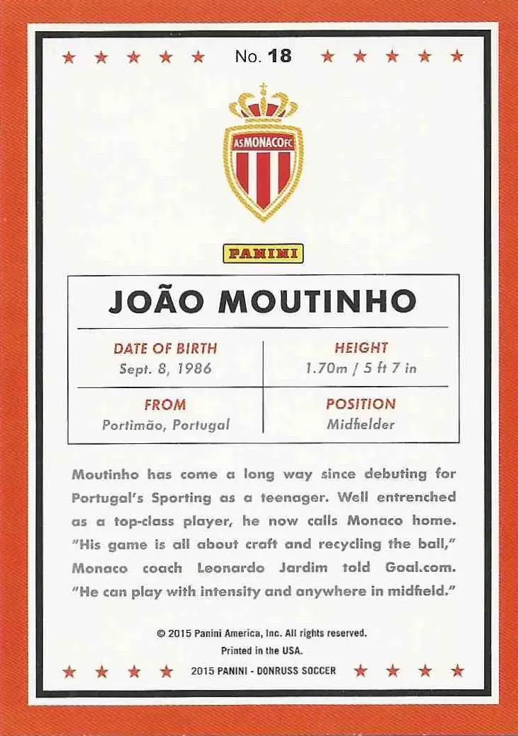 футбол,карточка 2015 Donruss № 18 Joao Moutinho 1