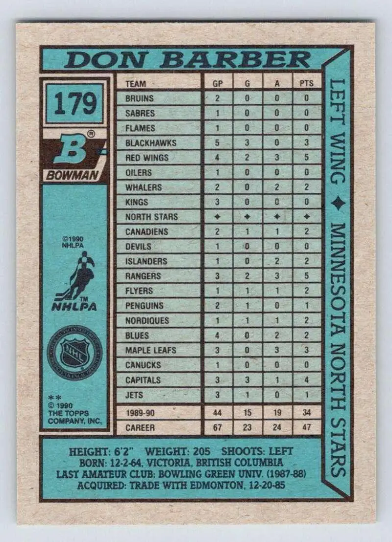 1990-91 BOWMAN # 179 Don Barber 1