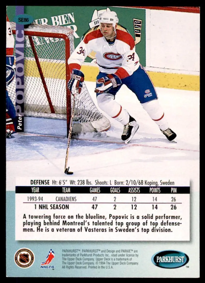 1994-95 UD Parkhurst # SE 86 Peter Popovic 1