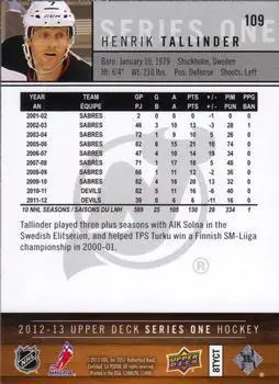 2012-13 UD Series1 Hockey #109 Henrik Tallinder 1