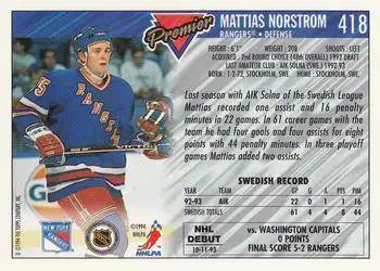 1993-94 TOPPS Premier # 418 Mattias Norstrom 1
