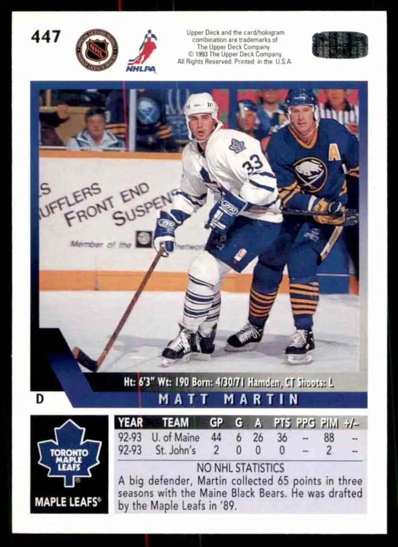 1993-94 Ud Hockey Series 2 # 447 Matt Martin 1