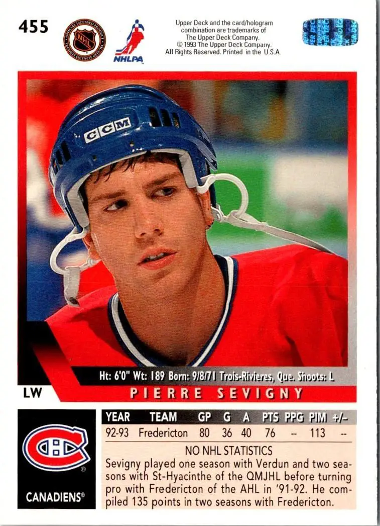 1993-94 Ud Hockey Series 2 # 455 Pierre Savigny 1