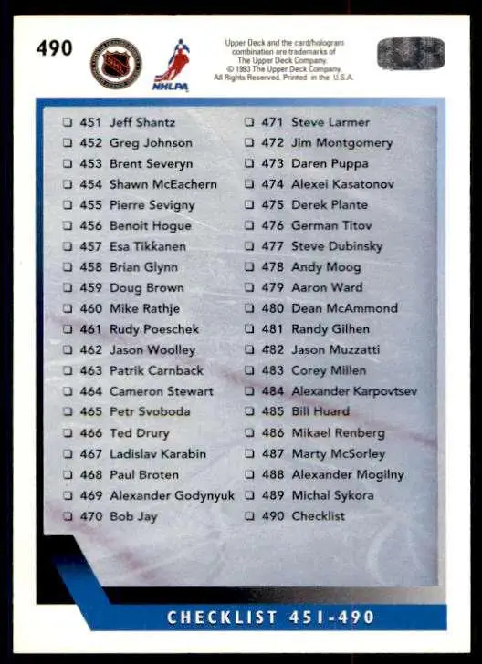 1993-94 Ud Hockey Series 2 # 490 Checklist 401-490 1