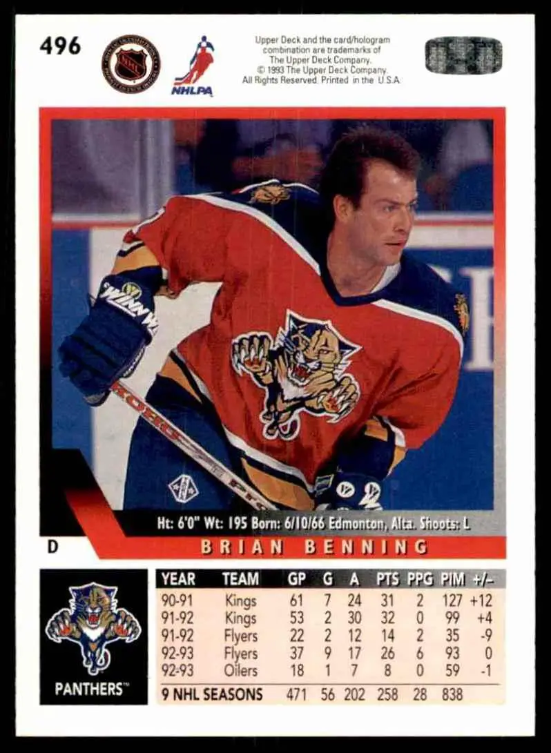 1993-94 Ud Hockey Series 2 # 496 Brian Benning 1