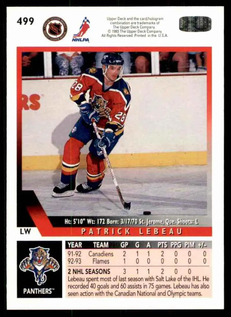 1993-94 Ud Hockey Series 2 # 499 Patrick Lebeau 1