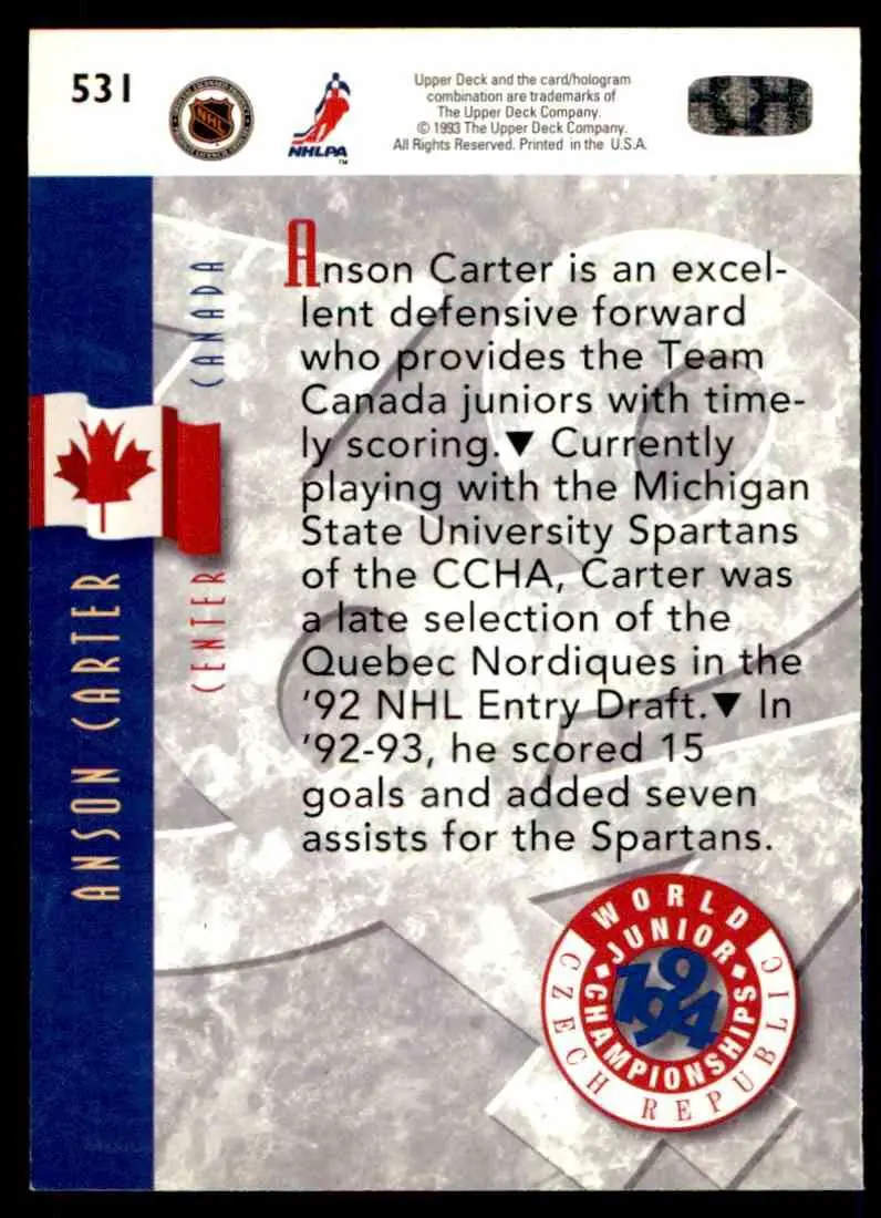 1993-94 Ud Hockey Series 2 # 531 Anson Carter 1