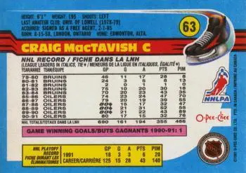 1991-92 O-Pee-Chee NHL # 63 Craig MacTavish 1