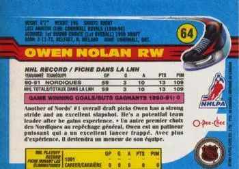 1991-92 O-Pee-Chee NHL # 64 Owen Nolan 1