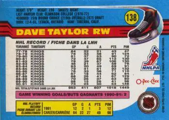 1991-92 O-Pee-Chee NHL # 138 Dave Taylor 1