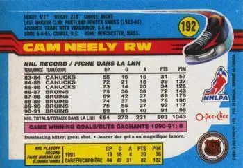 1991-92 O-Pee-Chee NHL # 192 Cam Neely 1