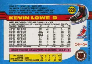 1991-92 O-Pee-Chee NHL # 220 Kevin Lowe 1