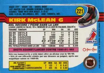 1991-92 O-Pee-Chee NHL # 221 Kirk McLean 1