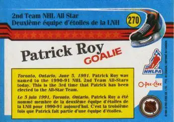 1991-92 O-Pee-Chee NHL # 270 Patrick Roy (All Star) 1