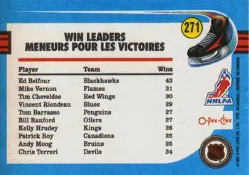1991-92 O-Pee-Chee NHL # 271 Ed Belfour (Win Leaders ) 1