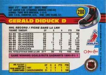 1991-92 O-Pee-Chee NHL # 280 Gerald Diduck 1