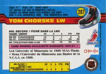 1991-92 O-Pee-Chee NHL # 287 Tom Chorske 1