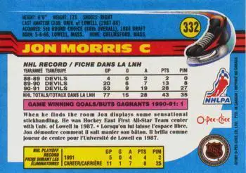 1991-92 O-Pee-Chee NHL # 332 Jon Morris 1