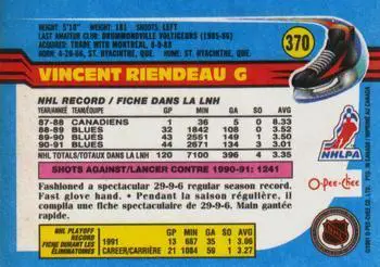 1991-92 O-Pee-Chee NHL # 370 Vincent Riendeau 1
