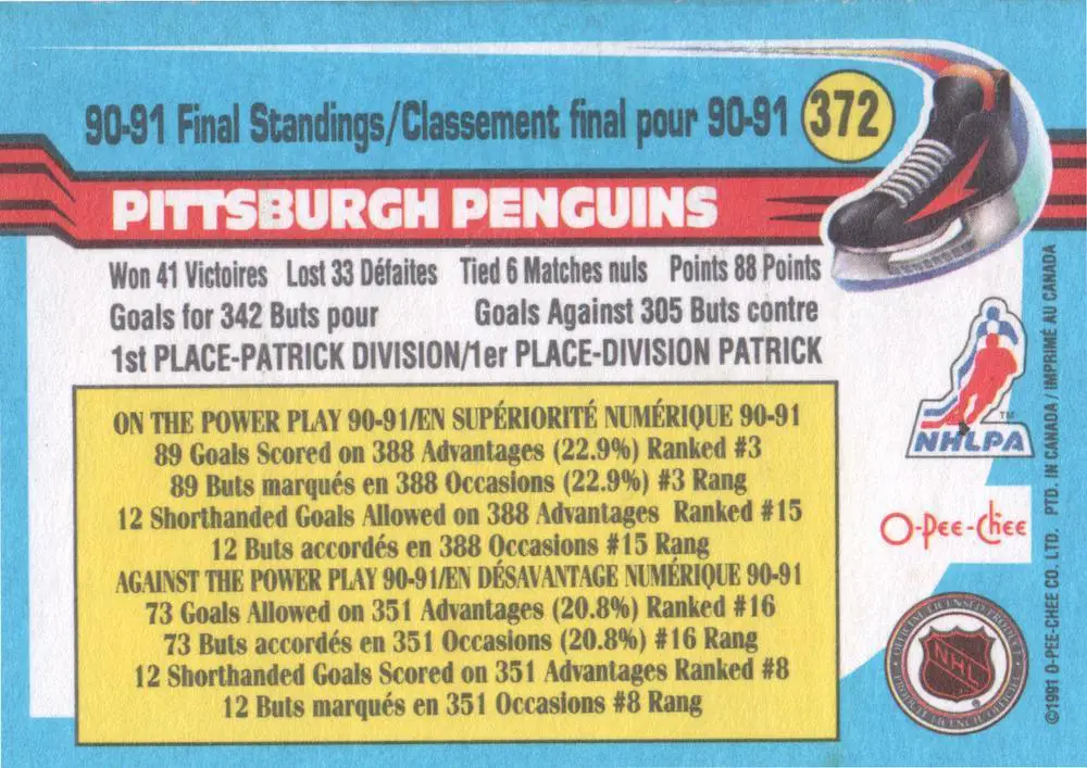 1991-92 O-Pee-Chee NHL # 372 Pittsburgh Penguins 1
