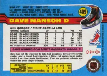 1991-92 O-Pee-Chee NHL # 409 Dave Manson 1
