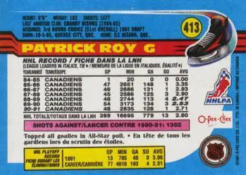 1991-92 O-Pee-Chee NHL # 413 Patrick Roy 1