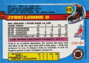 1991-92 O-Pee-Chee NHL # 419 Jyrki Lumme 1