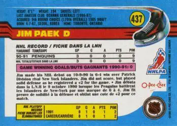 1991-92 O-Pee-Chee NHL # 437 Jim Paek 1
