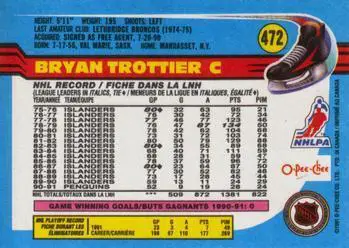 1991-92 O-Pee-Chee NHL # 472 Bryan Trottier 1